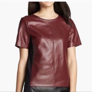 Halogen Burgandy Wine Leather Top Sz XS Black Knit Contrast